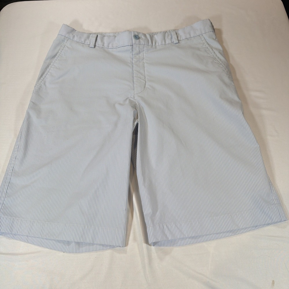 Nike Golf White & Blue Pinstripe Plaid Flat Front Golf Shorts Sz 34